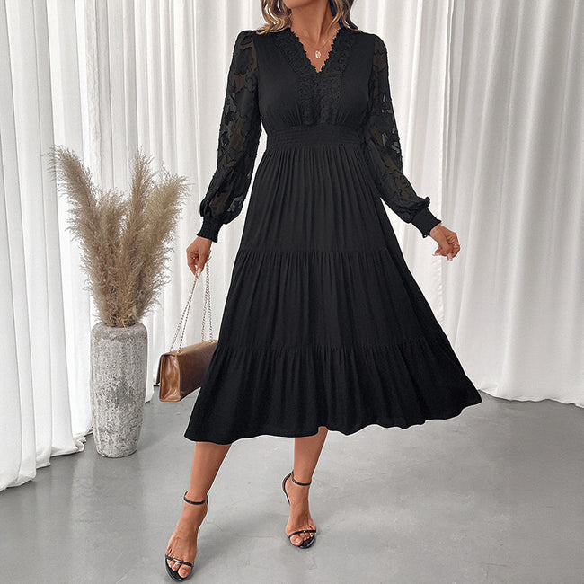 Sweet Elegant Style V-neck Tight Waist Lace Long Sleeve Solid Color Dress Women Hover Image