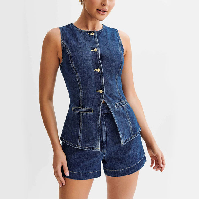 Fashion Denim Suit Summer Casual Sleeveless Button Vest Top And High Waist Shorts Set For Womens Clothing Hover Image