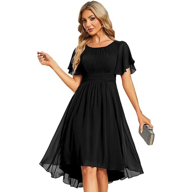 Women Round Neck Pleated Short Sleeve Wedding Elegant Evening Dress Main Image