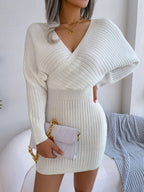 Cross V-Neck Batwing Sleeve Bodycon Sweater Dress