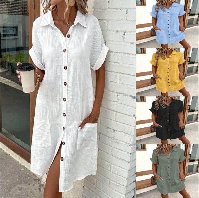 Summer Short Sleeve Shirt Dress Fashion Solid Color Single-breasted Mid-length Loose Dress Hover Image
