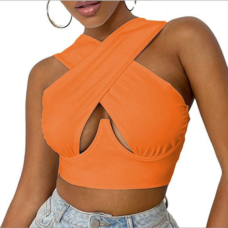 V Neck Cross Cut Zipper Short Umbilical Vest Women