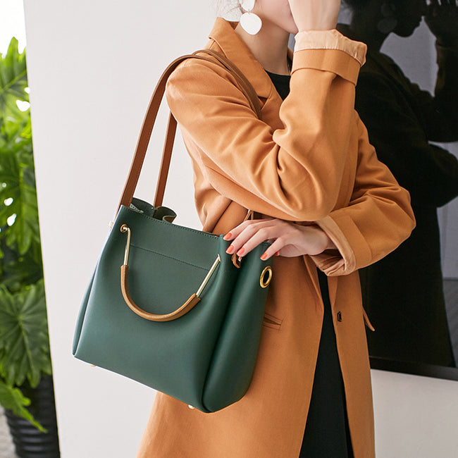 Women Handbag Large Capacity Casual Tote Bag Lady Messenger Shoulder Bag Solid Color Bucket Bag Hover Image