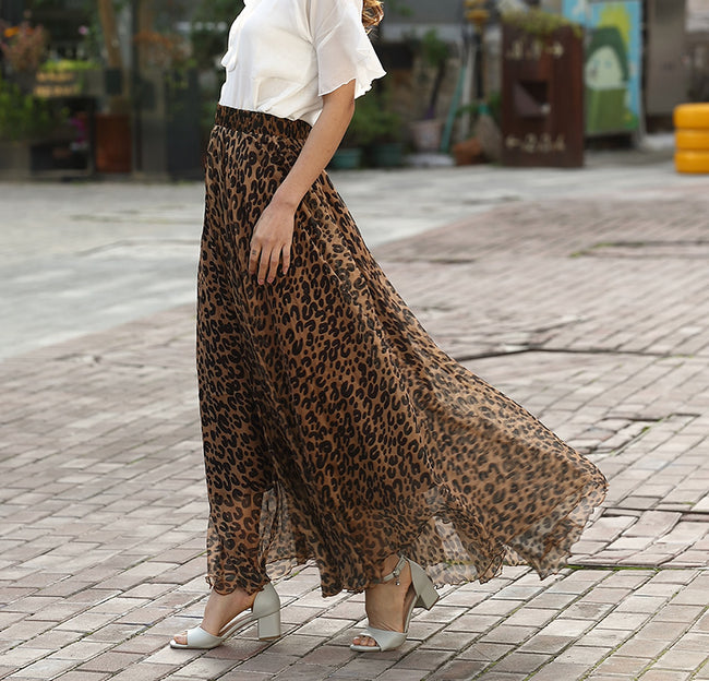 Leopard print sexy chiffon long skirt Hover Image