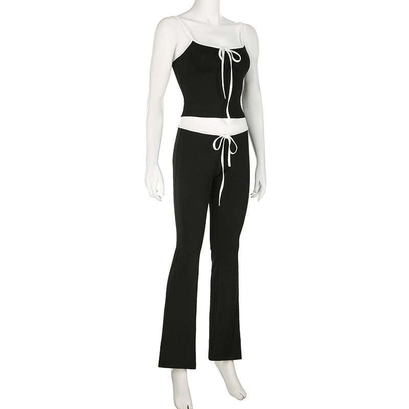 Contrast Color Lace-up Bow Suspenders Trousers Suit Two-piece Set