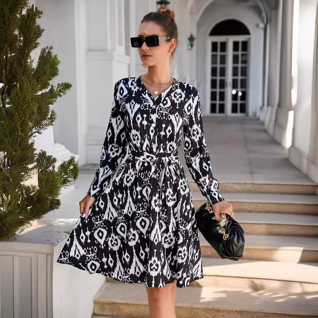 Summer Printing Long Sleeve Big Hem Dress Main Image