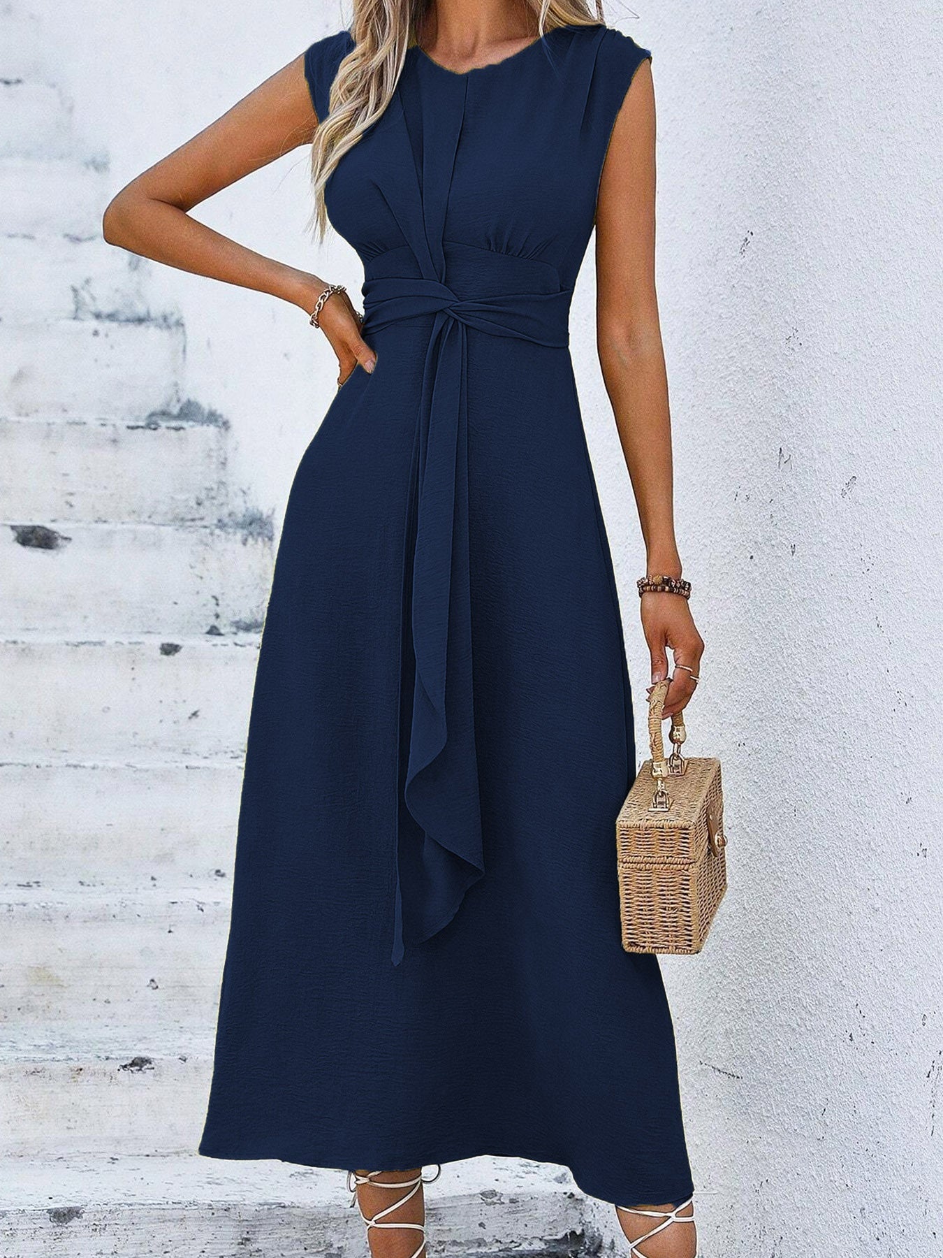 Solid Color Waist Tight Tied Dress Women