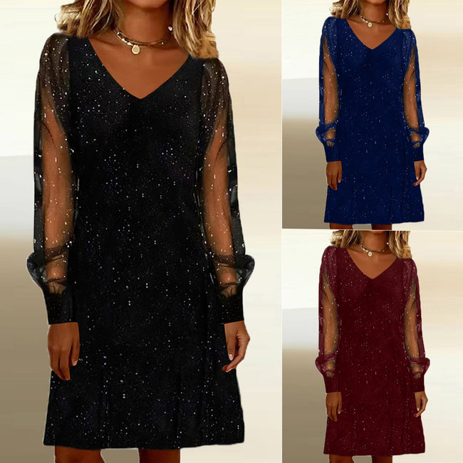 Elegant Women Dress V Neck Shiny And Glowing Mesh Sleeve Mini Dresses For Women Autumn Winter Party Dress Black Evening Dress Hover Image