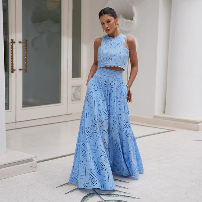 Women's Clothing Elegance Sleeveless Embroidery Lace Long Dress Holiday Suit Two-piece Set Main Image