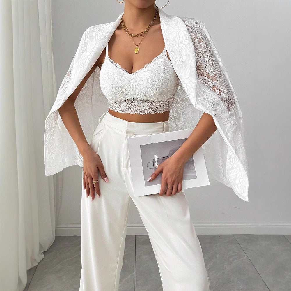 Blazer décontracté blanc brodé de dentelle pour femme