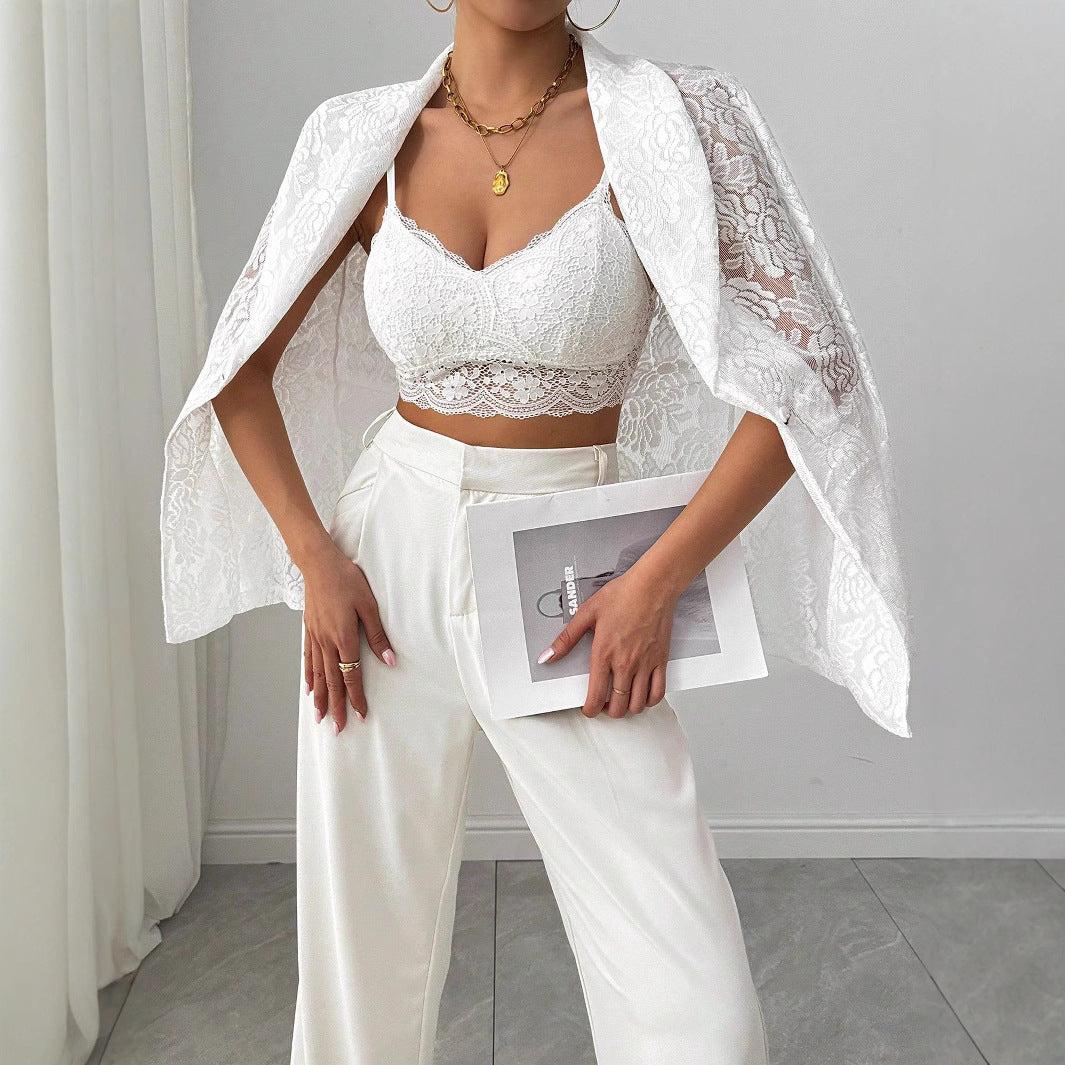 Lace Embroidery White Casual Blazer Women