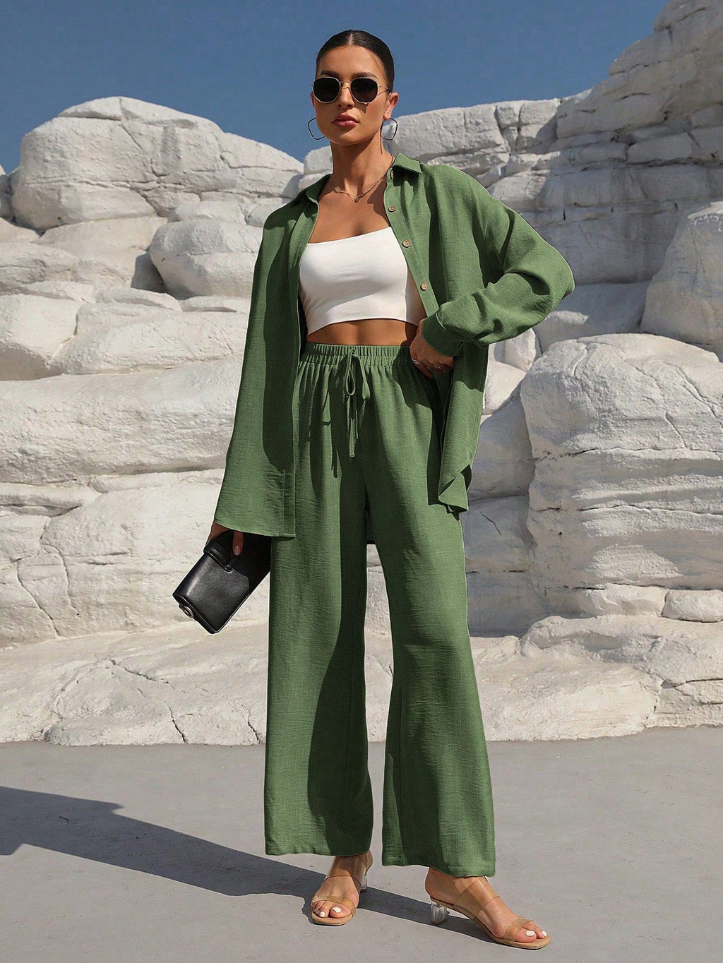 Fashion Graceful Plus Size Women's Long Sleeve Cardigan Two-piece Set Casual Solid Color Suit