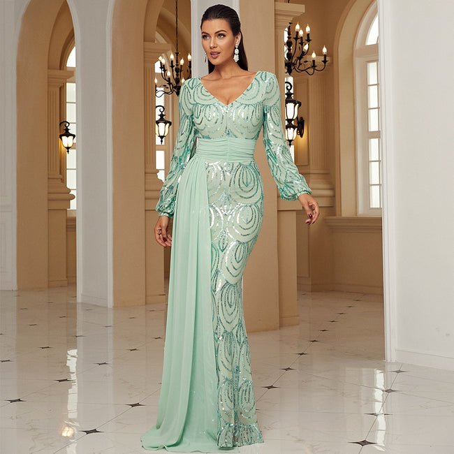 Long Sleeve Sexy Long Sequined V-neck Banquet Ribbon Evening Dress Hover Image