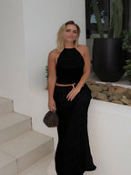 Backless Halter Lace-up Pleated Dress Lace Vest Suit