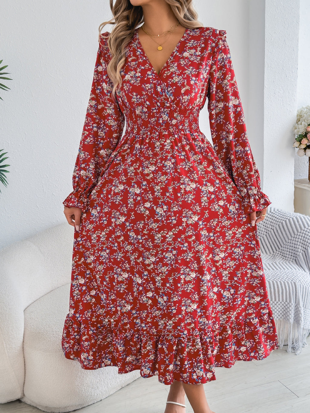 Women's Elegant Floral Cross V-Neck Waist-Defined Hem Ruffle Maxi Dress