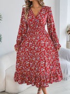 Women's Elegant Floral Cross V-Neck Waist-Defined Hem Ruffle Maxi Dress