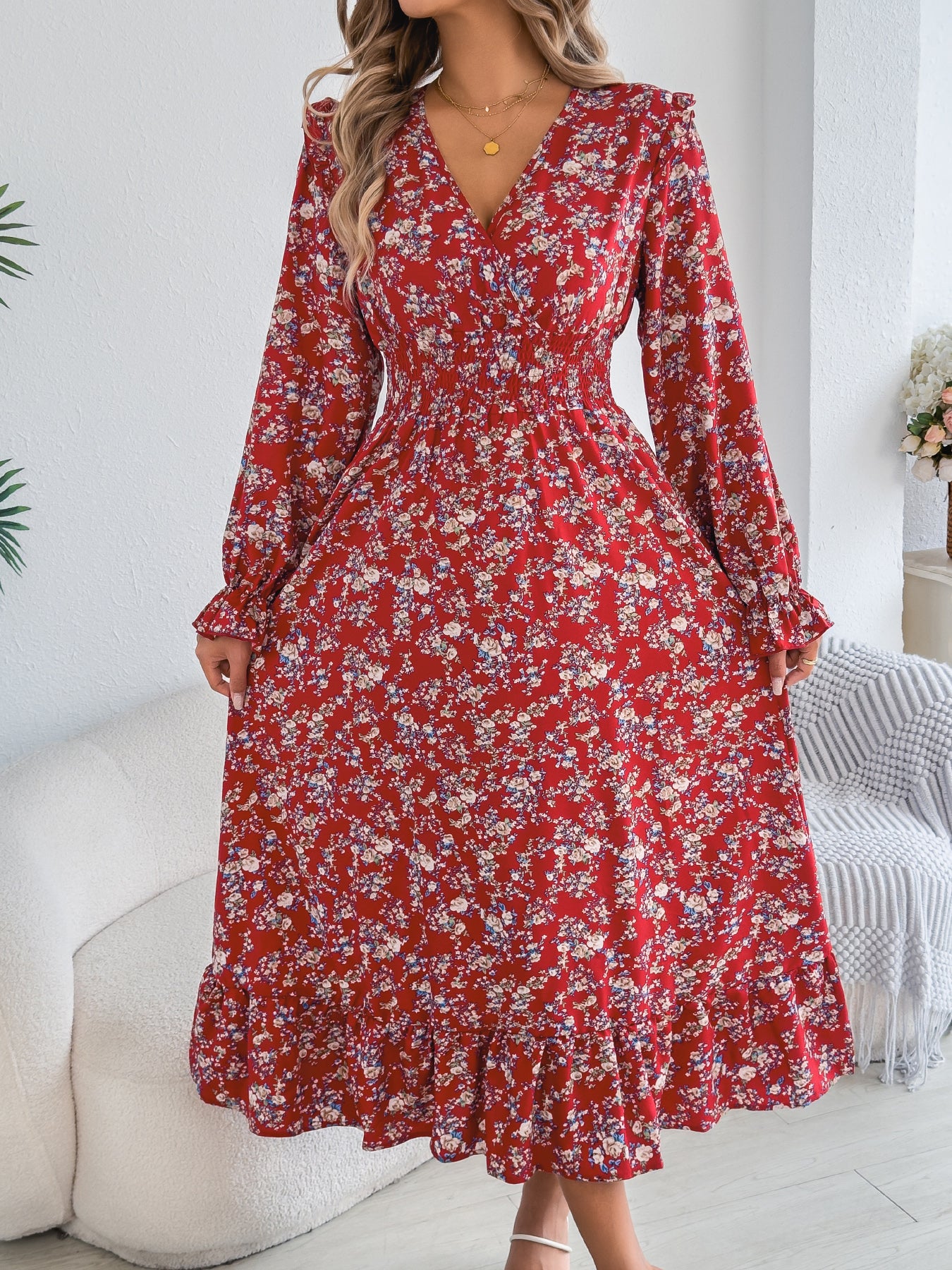 Women's Elegant Floral Cross V-Neck Waist-Defined Hem Ruffle Maxi Dress