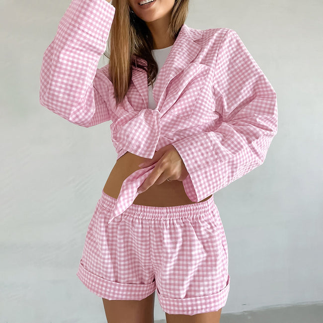 European And American Sweet Casual Plaid Suit Loose Plaid Shirt And Shorts Two-piece Set Main Image