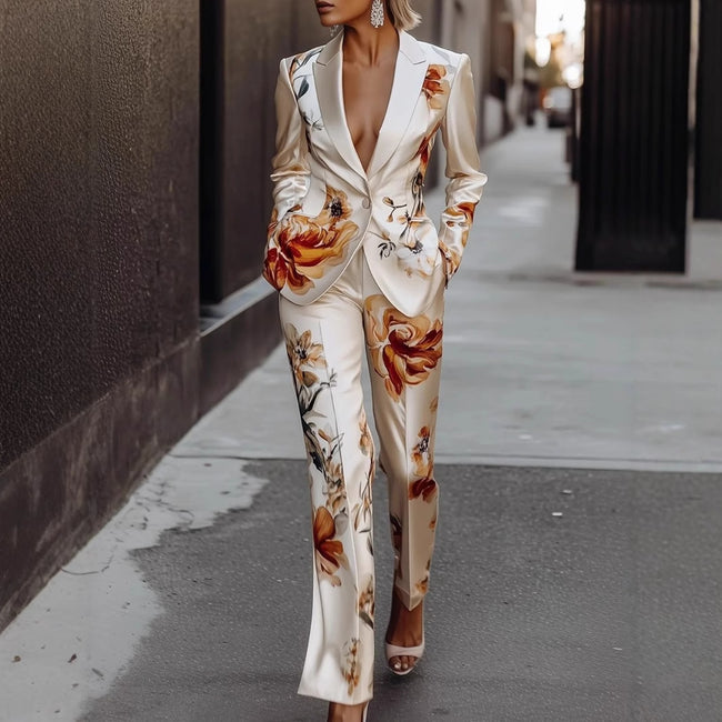 Fashion Printing Satin Long Sleeve Suit Two-piece Set Hover Image