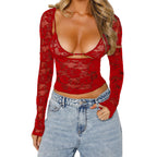 Womens Sheer Lace Camisole Lingerie Two-Piece Set With Long-Sleeve Top