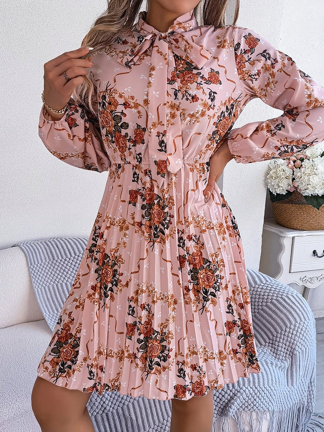 Women's Elegant Floral Tie-Waist Long Sleeve Pleated Maxi Dress Main Image