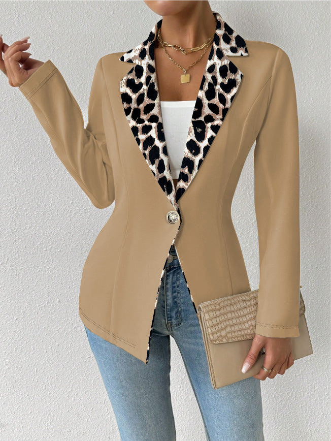 Womens Elegant Leopard-Print Long-Button Printed Blazer