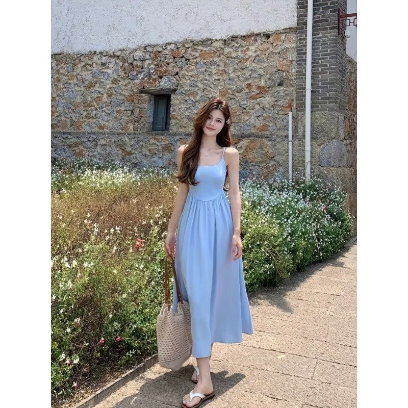 Gentle Blue Pleated Suspender Dress