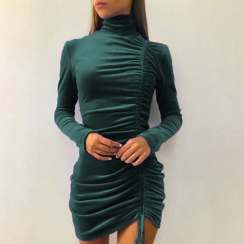 Suede Drawstring High Neck Dress Women