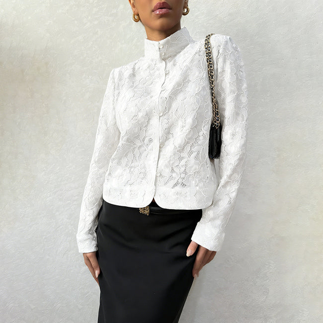 Fashionable Lace Blouse For Women Cardigan-style Top With A Stand-up Collar Hover Image
