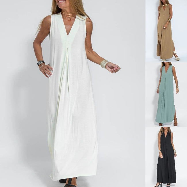 New Solid Color V-neck Sleeveless Dress Long Cardigan Jacket Suit For Women Hover Image