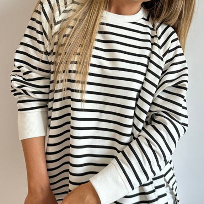 Striped Sweater Round Neck Pullover Top For Women Hover Image