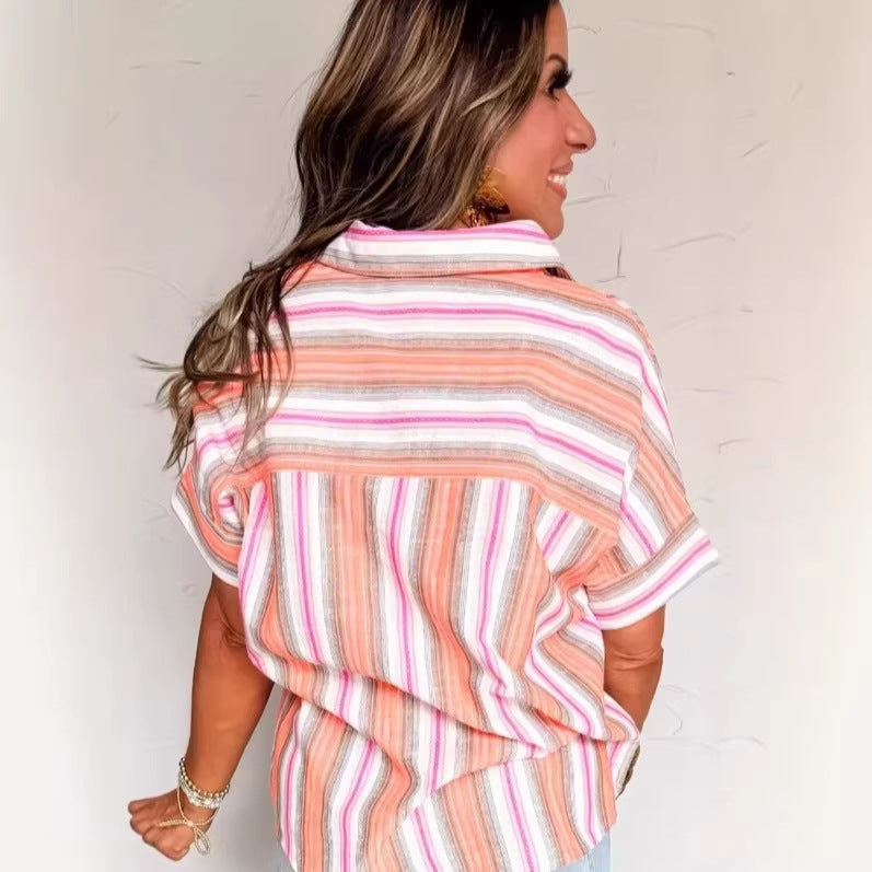 Personalized Striped Print Short-sleeve Summer Blouse For Women