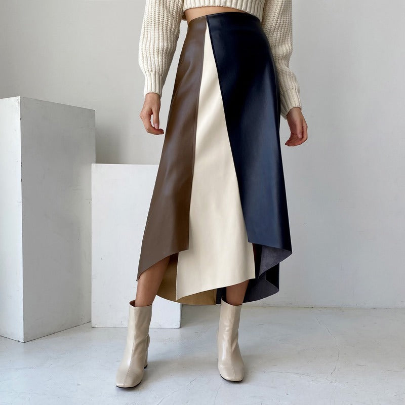 French Chic Retro Temperament Multi-color Mosaic Leather Skirt