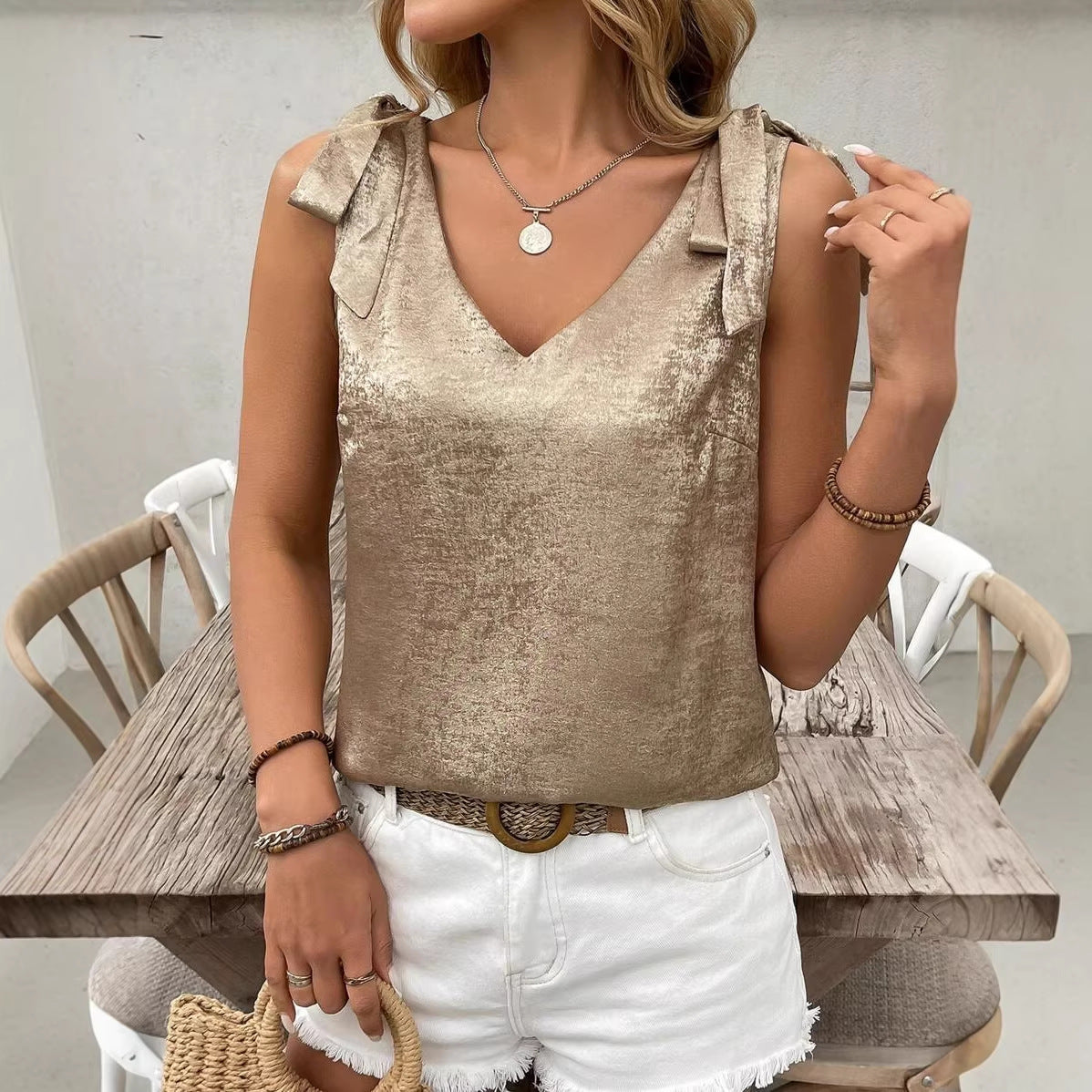 Womens Gold-Embossed V-Neck Lace-Up Bow-Knot Sleeveless Camisole