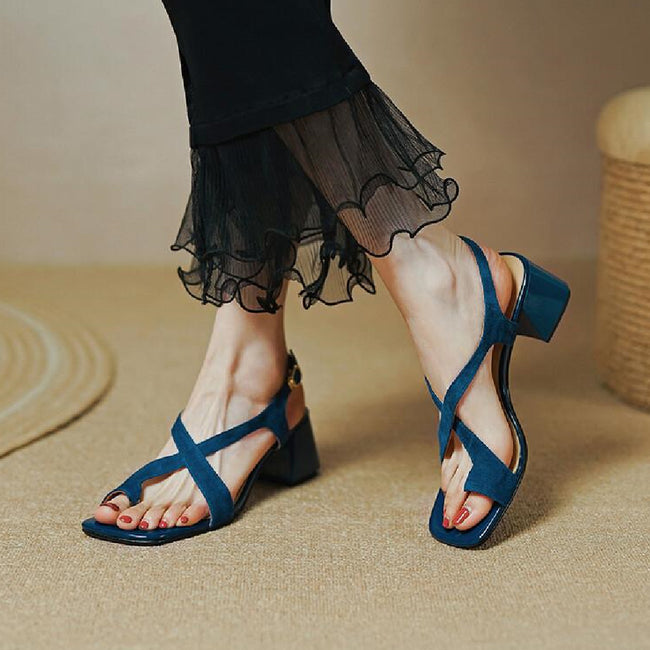 Chunky Heel Cross Strap Toe Ring Sandals Women Hover Image