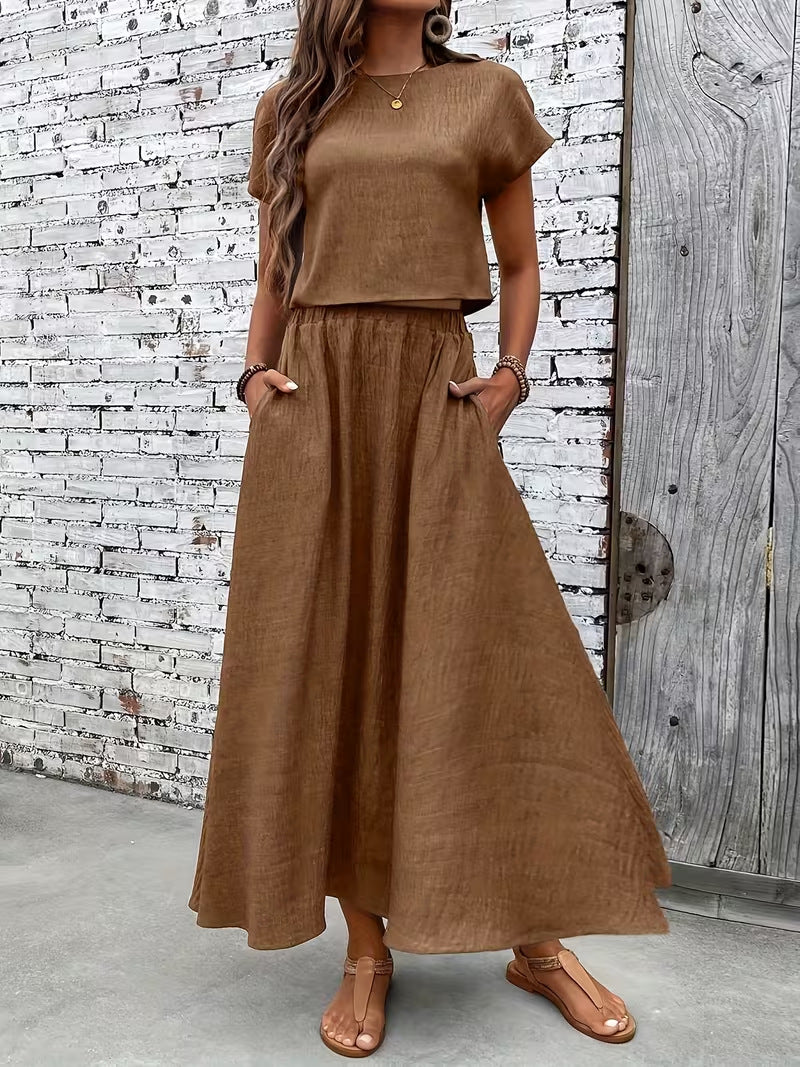 2 Piece Set Women's Solid Color Short Sleeve Top And Casual A- Line Dress Suit
