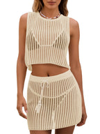 Fisoew Womens 2 Piece Crochet Sets Sleeveless Crop Tops Cover Up Beach Mini Skirt Outfits Vacation Sets