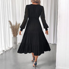 Sweet Elegant Style V-neck Tight Waist Lace Long Sleeve Solid Color Dress Women
