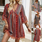 Bohemian Style V-neck Printed Dress Fashion Casual Loose Beach Dresses For Women
