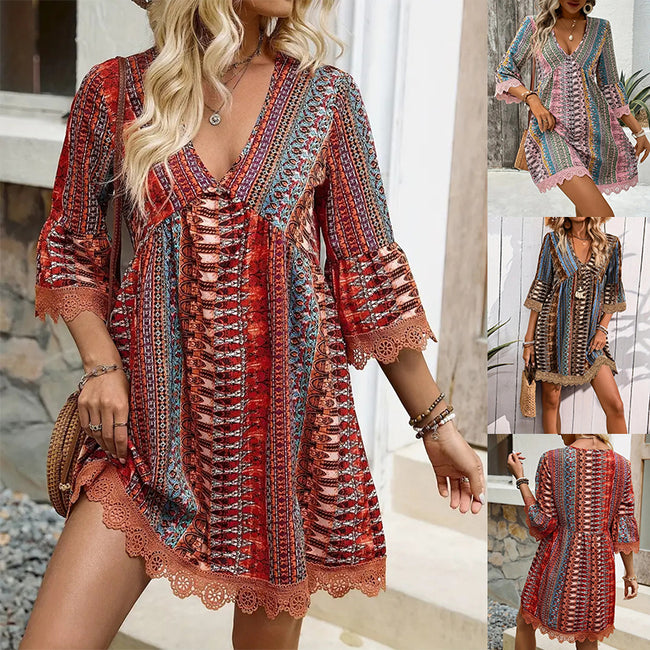 Bohemian Style V-neck Printed Dress Fashion Casual Loose Beach Dresses For Women Hover Image