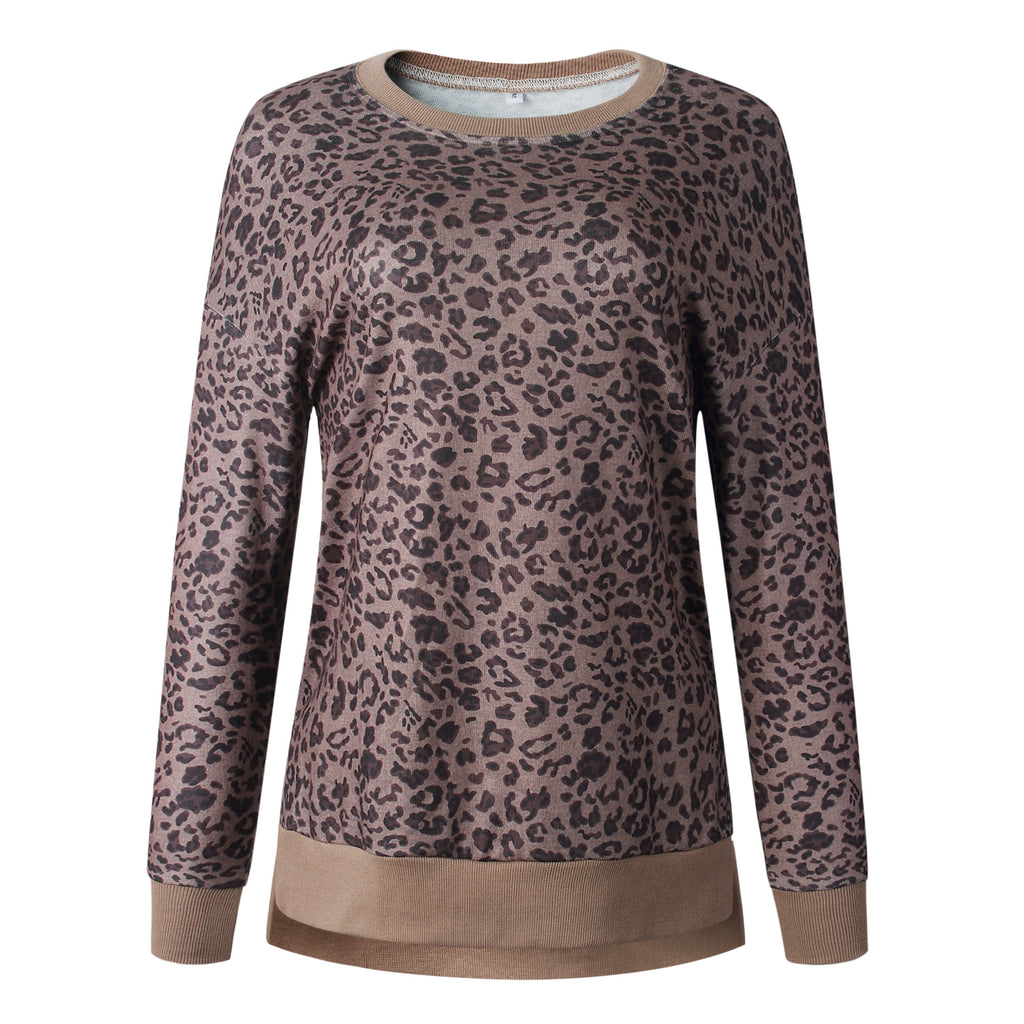 Leopard print round neck irregular long-sleeved blouse