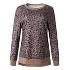 Leopard print round neck irregular long-sleeved blouse