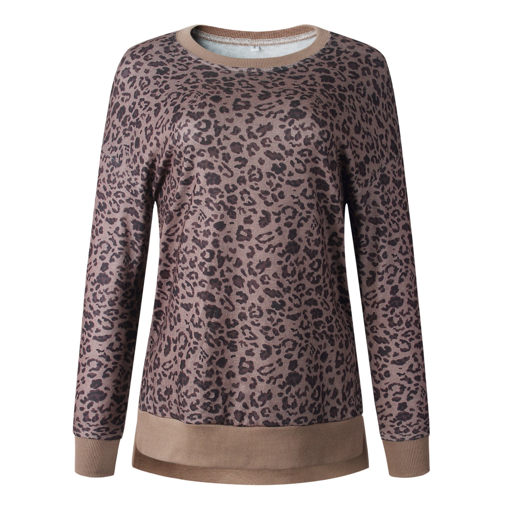 Leopard print round neck irregular long-sleeved blouse