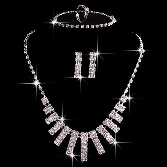 4 Pieces Rhinestones Necklace Set With Earrings Ring And Bracelet Fashion Jewelry For Women Hover Image