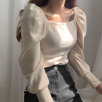 Design sense puff sleeve square neck sweater women