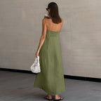 French Style Khaki Cotton Linen Tube Top Vacation Style High Waist Dress