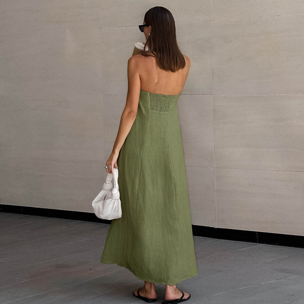 French Style Khaki Cotton Linen Tube Top Vacation Style High Waist Dress