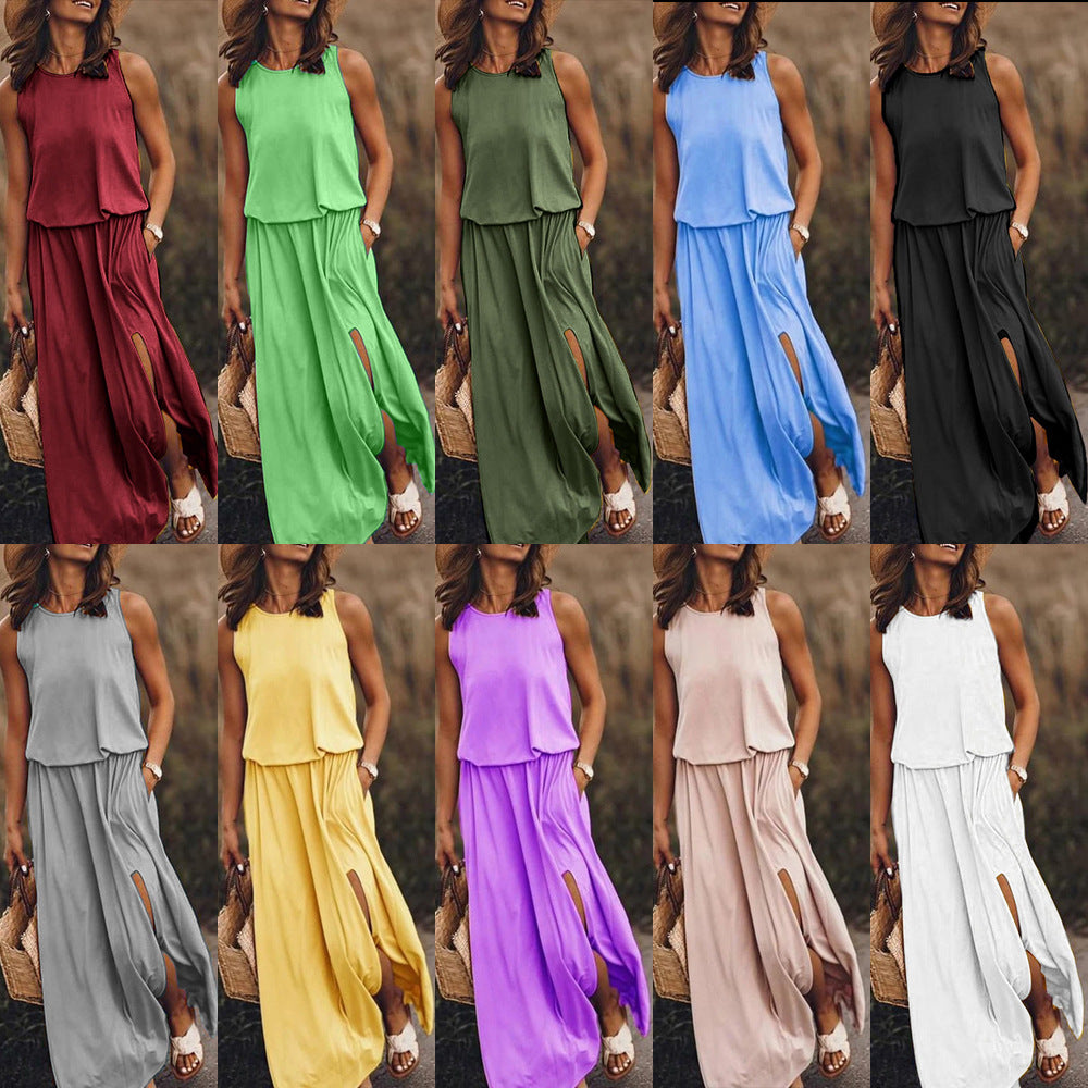 Round Neck Sleeveless Split Solid Color Dress