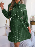 Women's Polka Dot Tie-Waist Long Sleeve Pleated Maxi Dress
