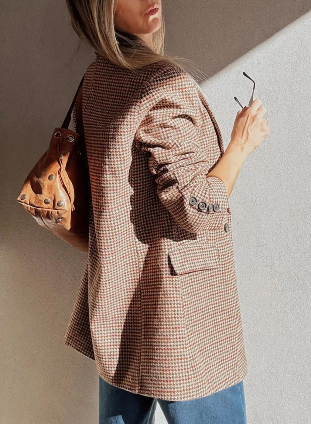 Brown Houndstooth Lapel Collar Blazer